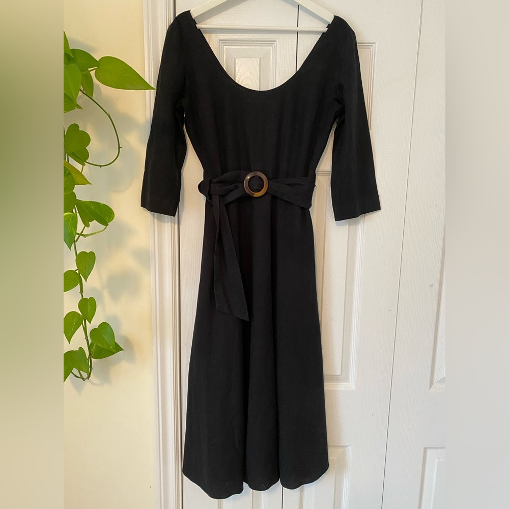 Zara trf  Linen Blend Black Scoop-Neck Midi Maxi Dress with Faux Tortoise Belt L